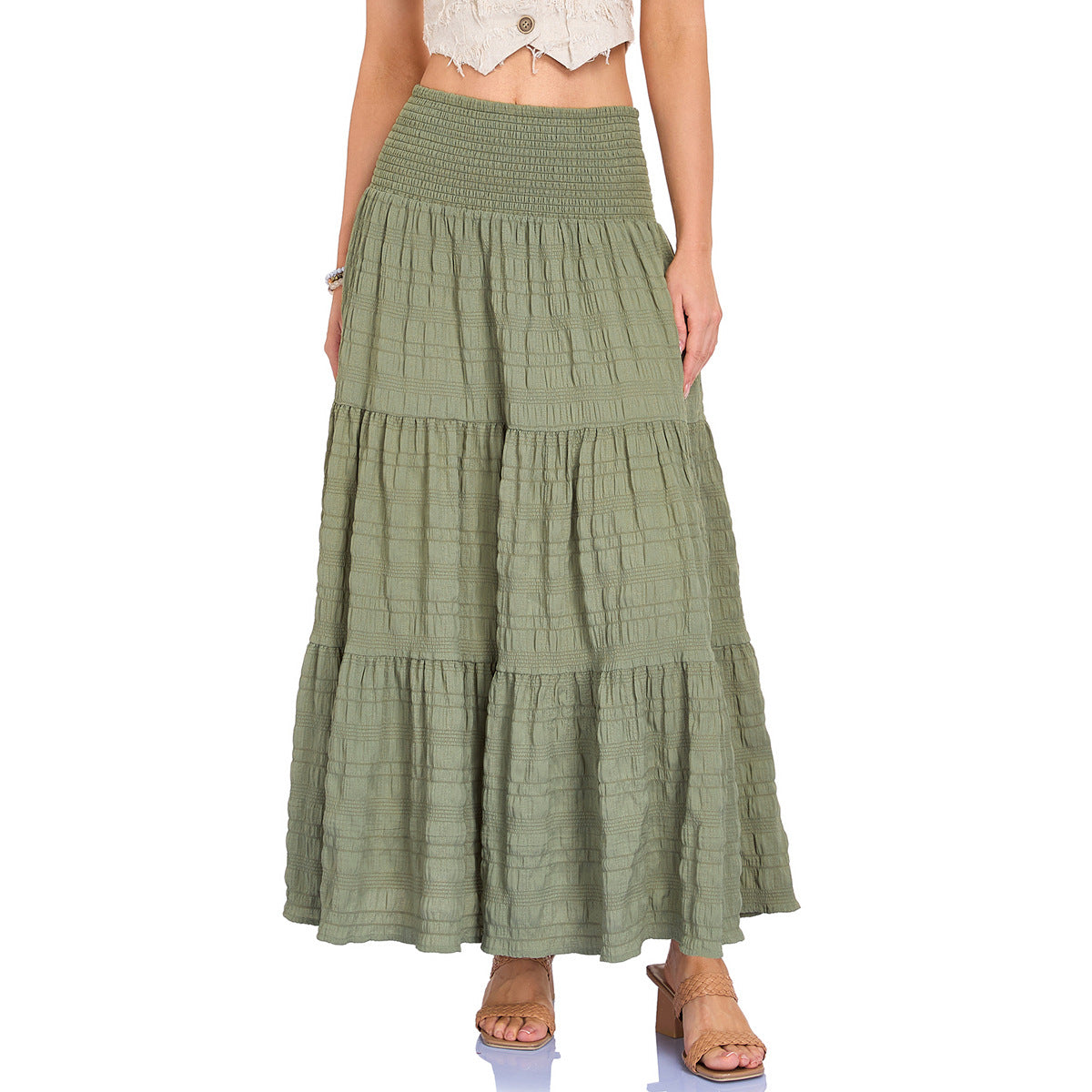 Simark Smocking High Elastic Waist Three Section Skirt