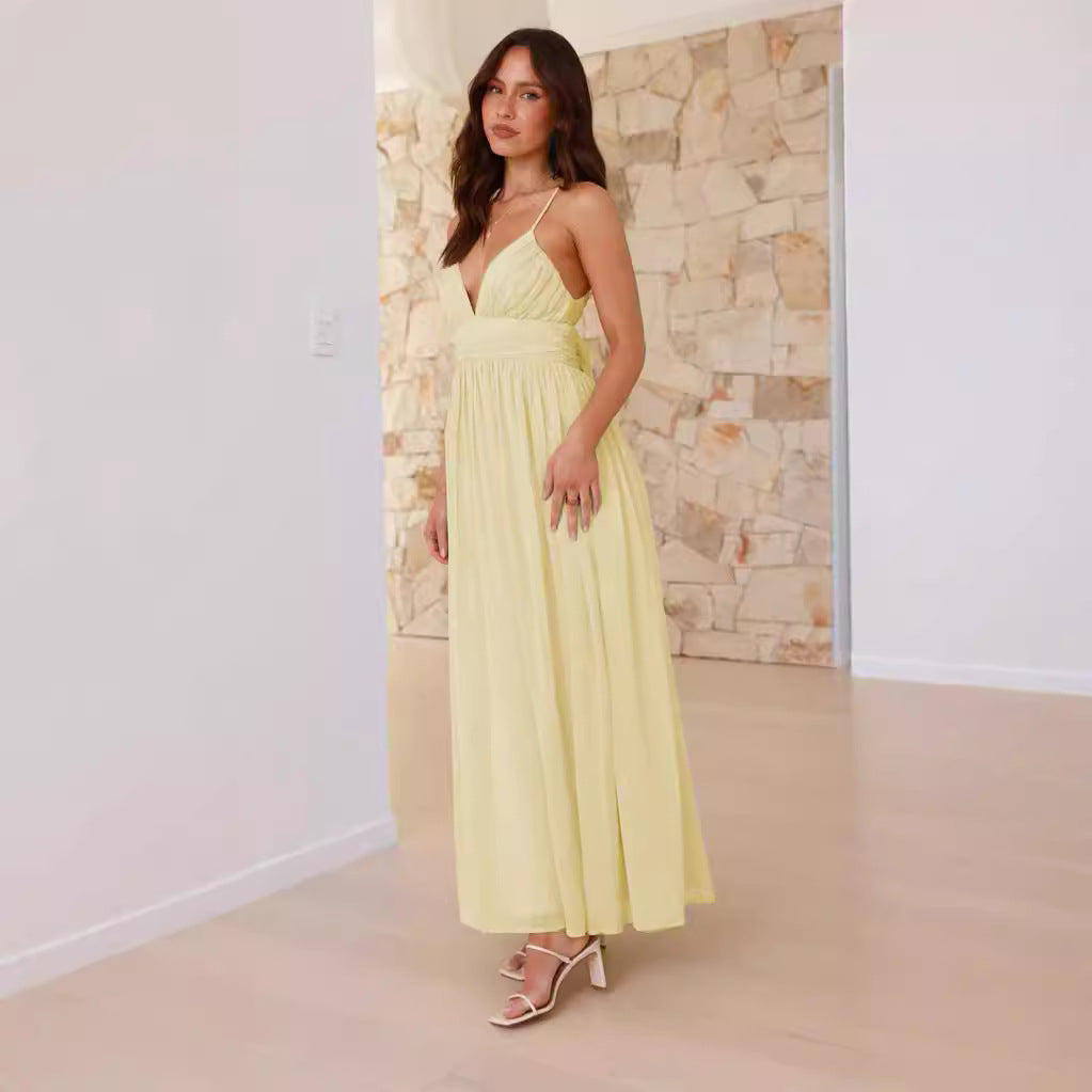 Women's V-Neck Tie Backless Ruched Sleeveless Dress