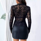 Women's Single Layer Mesh Small Stand Collar Flocked Printed Long Sleeve Bottoming Top Women T Shirt