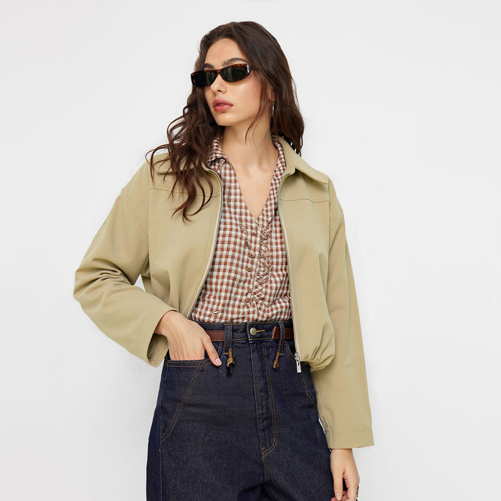 Women's Spring Autumn Khaki Short Work Clothes Coat Office Collared Stand Collar Multiple Wear Zipper Jacket for Women