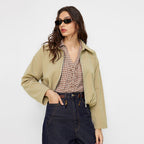 Women's Spring Autumn Khaki Short Work Clothes Coat Office Collared Stand Collar Multiple Wear Zipper Jacket for Women