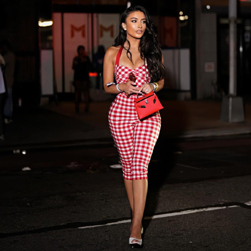 Women's Red Plaid Halter Jumpsuit