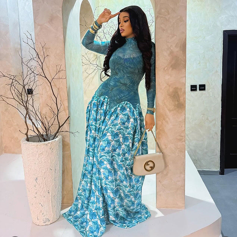 Women's Printing Stitching Slightly Transparent Fresh A Dress