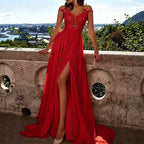 Women's White Lace Split Evening Dress