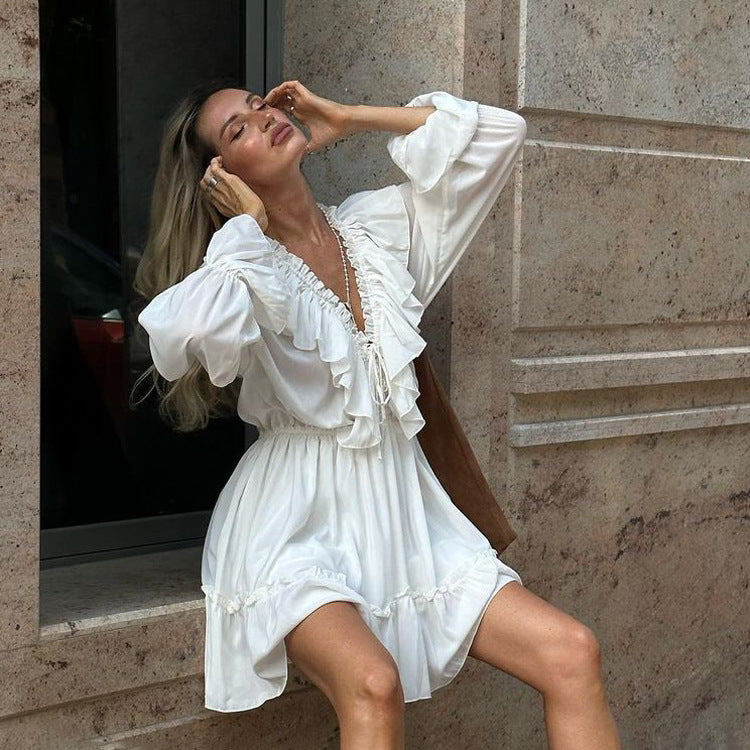Pleated Bell-Sleeve Ruffle Dress