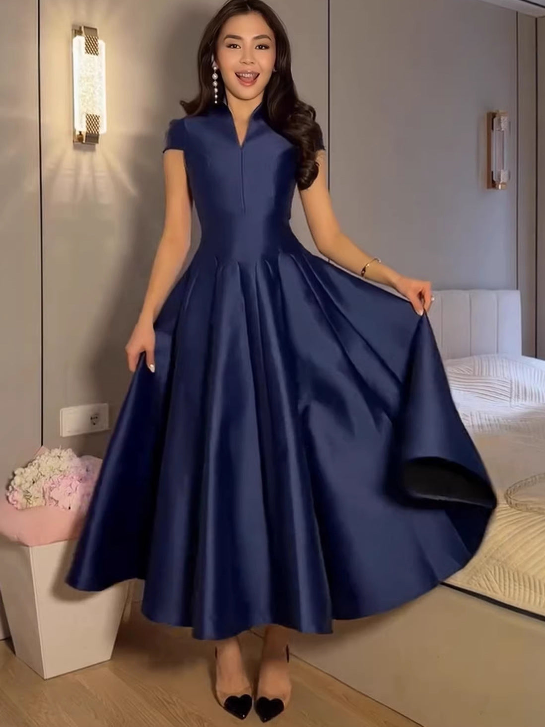 Navy blue short-sleeve fit-and-flare summer dress with pleated full skirt