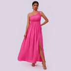 One-Shoulder Ruched Split A-Line Maxi Dress