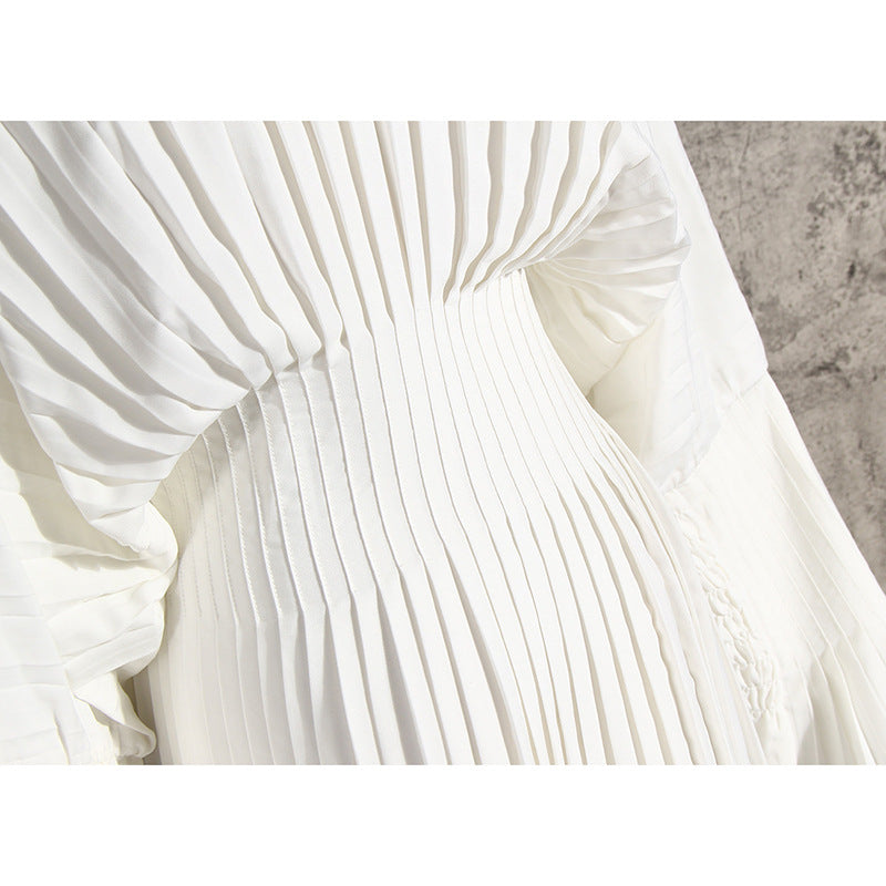 Pleated V-Neck Long-Sleeve Dress