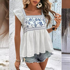 Women's Embroidered Ruffle Square-Neck Top