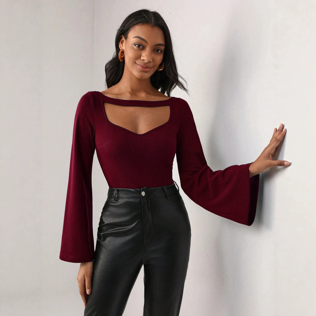 Bell Sleeved Top Hollow Waist Cinching Slimming Office Long