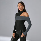 Women’s Black Asymmetric Color Block Mock Neck Top