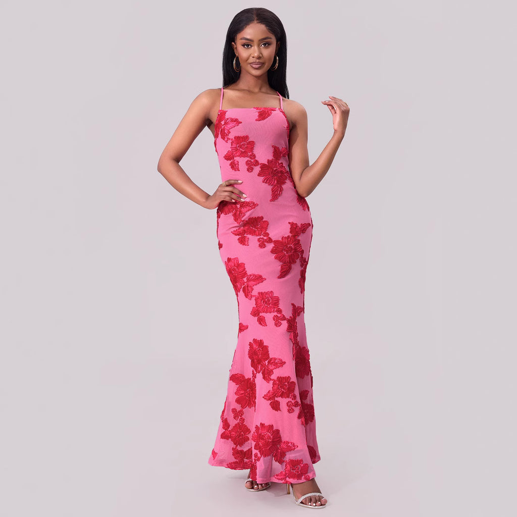 Floral Embroidered Spaghetti-Strap Bodycon Maxi Dress
