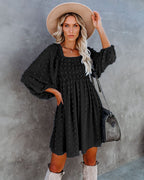 Women's Square Collar Chiffon Polka Dots Short Lantern Sleeve Dress