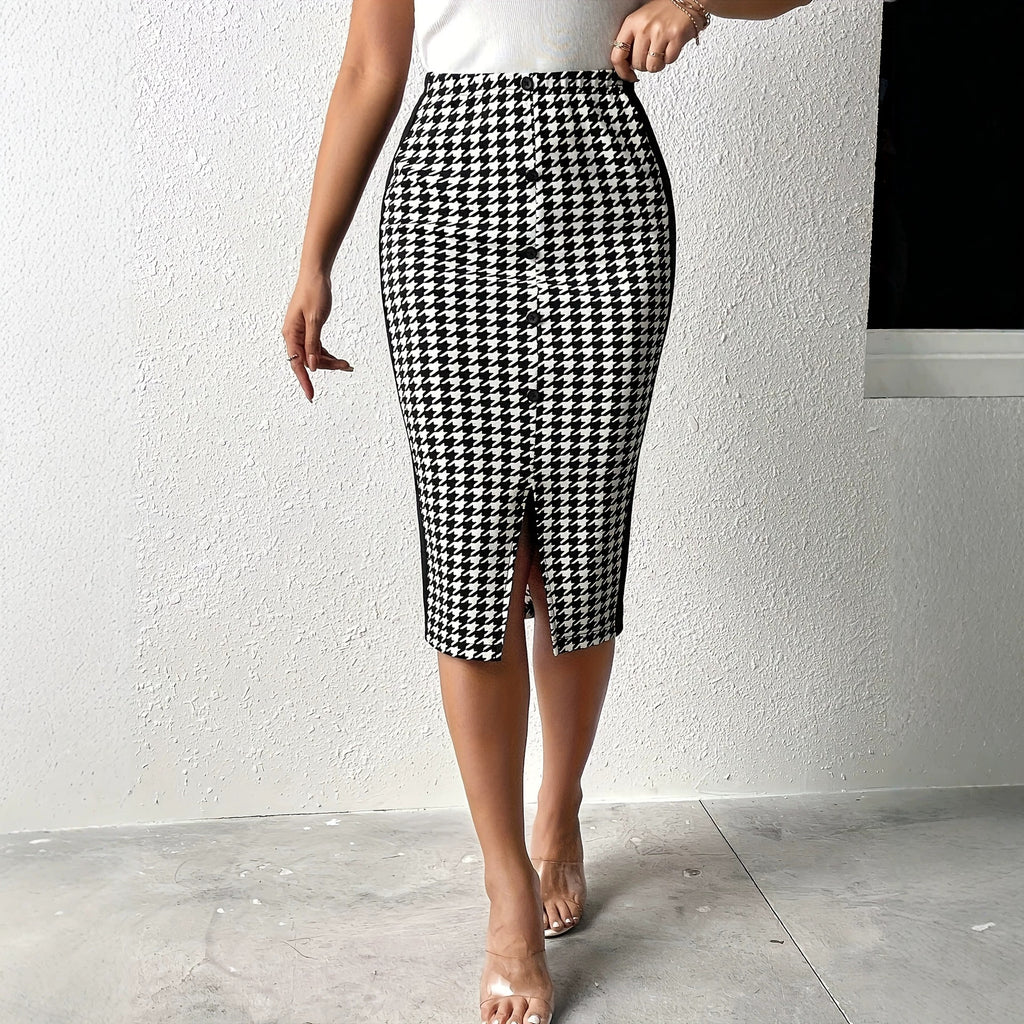 Women's Women Clothing Skirt Elegant Houndstooth Patchwork Slit Elastic Waist Button Mid Length Slim Fit Skirt