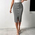 Women's Women Clothing Skirt Elegant Houndstooth Patchwork Slit Elastic Waist Button Mid Length Slim Fit Skirt