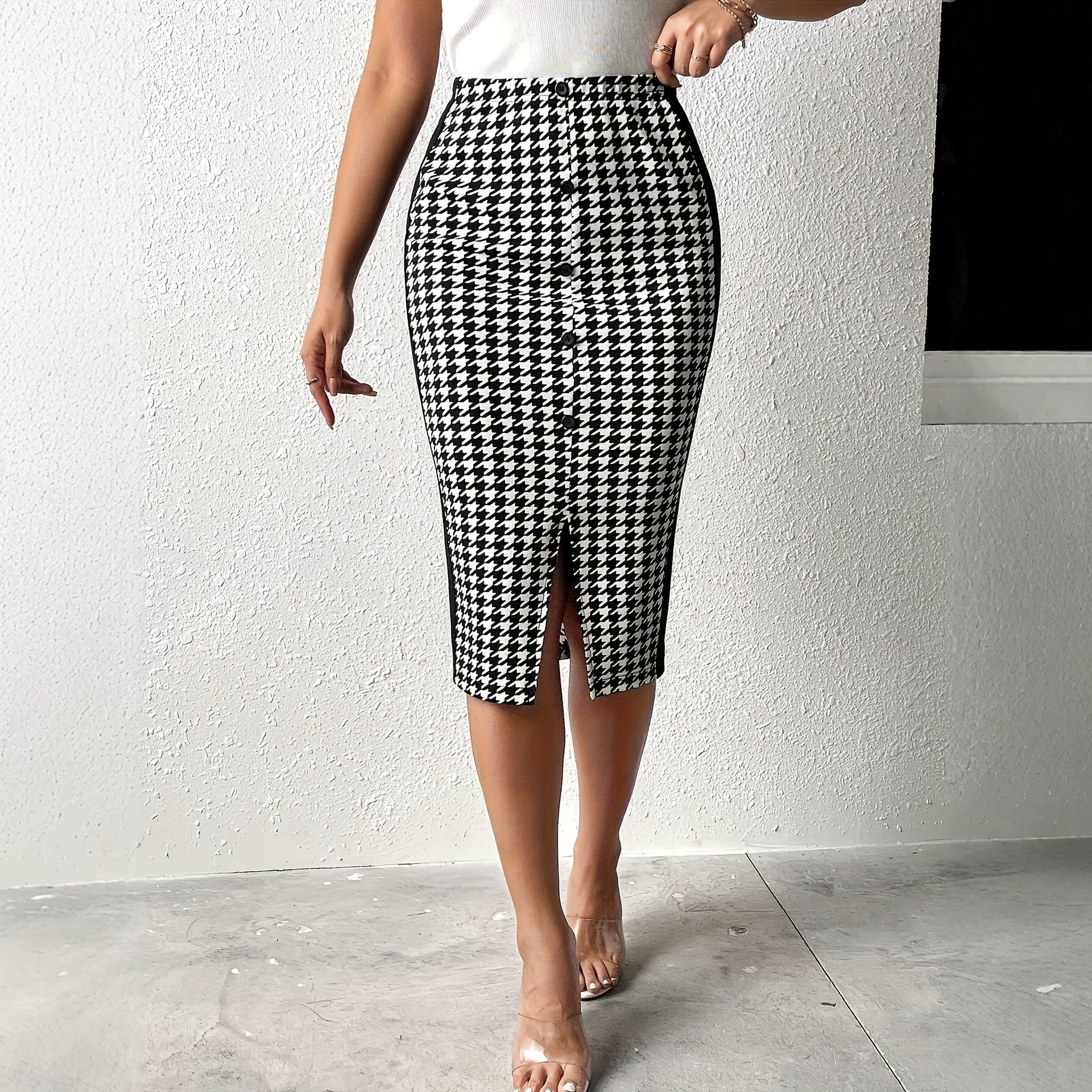 Women's Women Clothing Skirt Elegant Houndstooth Patchwork Slit Elastic Waist Button Mid Length Slim Fit Skirt