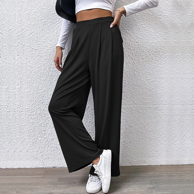 Solid Color Rib Fabric Wide Leg Pants
