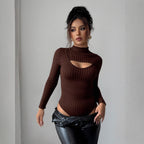 Ribbed Hollow Out High Collar Jumpsuit