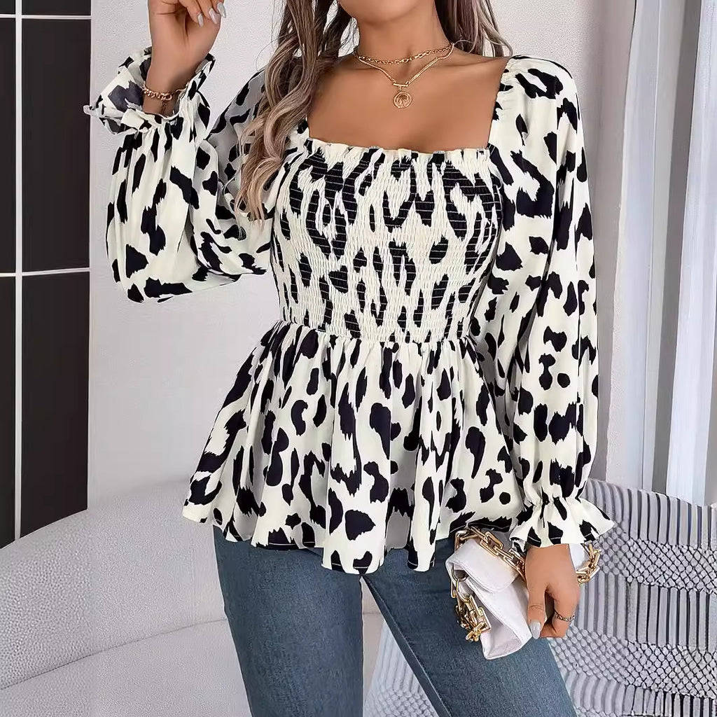 Women's Real Shot Autumn Winter Casual Wooden Ear Square Collar Leopard Print Long Sleeve Chiffon Shirt Women Clothing