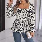 Women's Real Shot Autumn Winter Casual Wooden Ear Square Collar Leopard Print Long Sleeve Chiffon Shirt Women Clothing