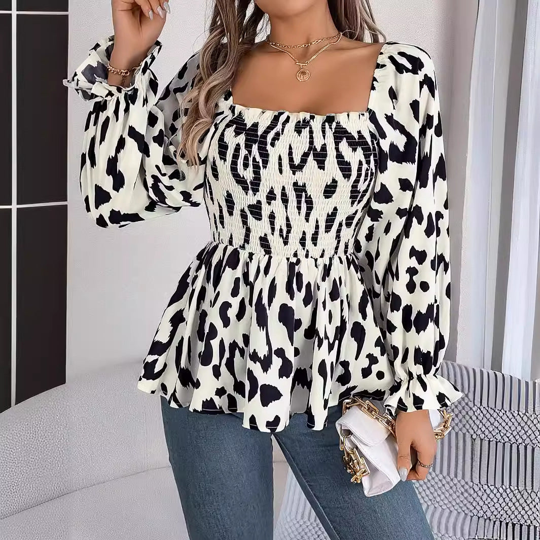Women's Real Shot Autumn Winter Casual Wooden Ear Square Collar Leopard Print Long Sleeve Chiffon Shirt Women Clothing