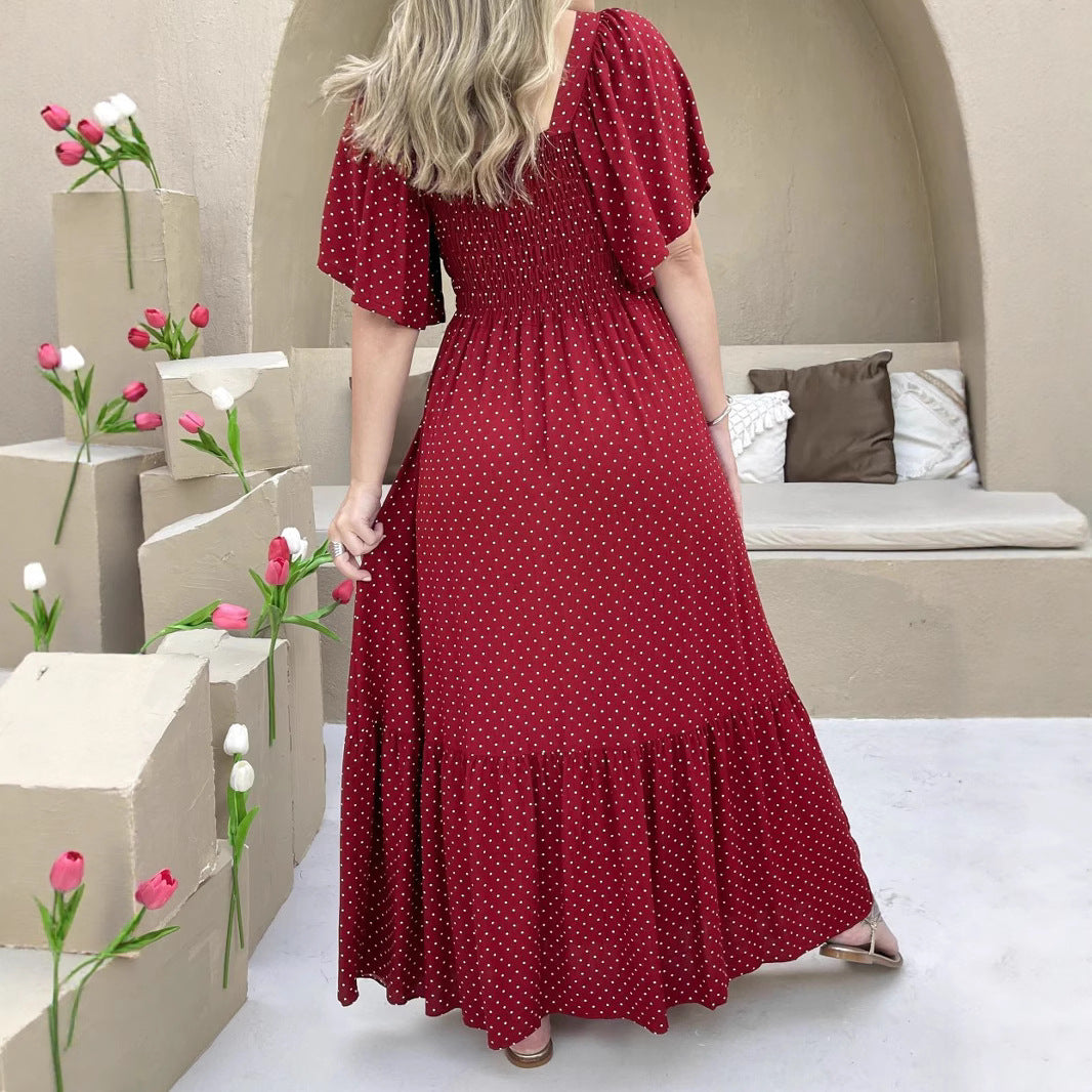 Women's Printed Casual Vacation Dot Ruffle Sleeve Waist Dress