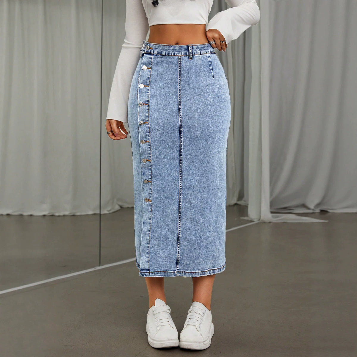 Women's High Elastic Button Split Denim Skirt