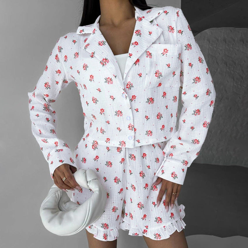 Summer Pattern Print Long Sleeved Ruffled Shorts Pure Cotton Two Piece Soft Home Wear Women