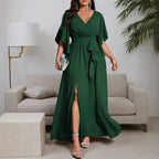 plus Size Dress Cross V neck Ruffled Short Sleeve Side Slit High Waist Straps Long Cocktail Dress