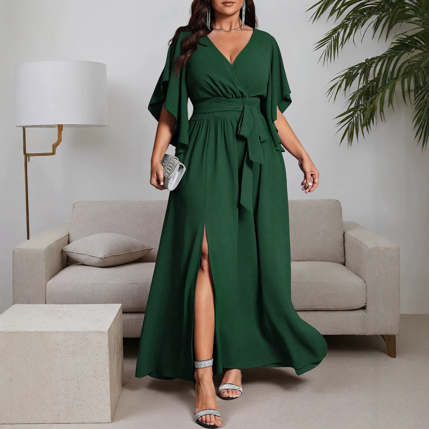plus Size Dress Cross V neck Ruffled Short Sleeve Side Slit High Waist Straps Long Cocktail Dress