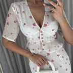 V neck Short Sleeve Cardigan Top Hip Skirt Two Piece Set