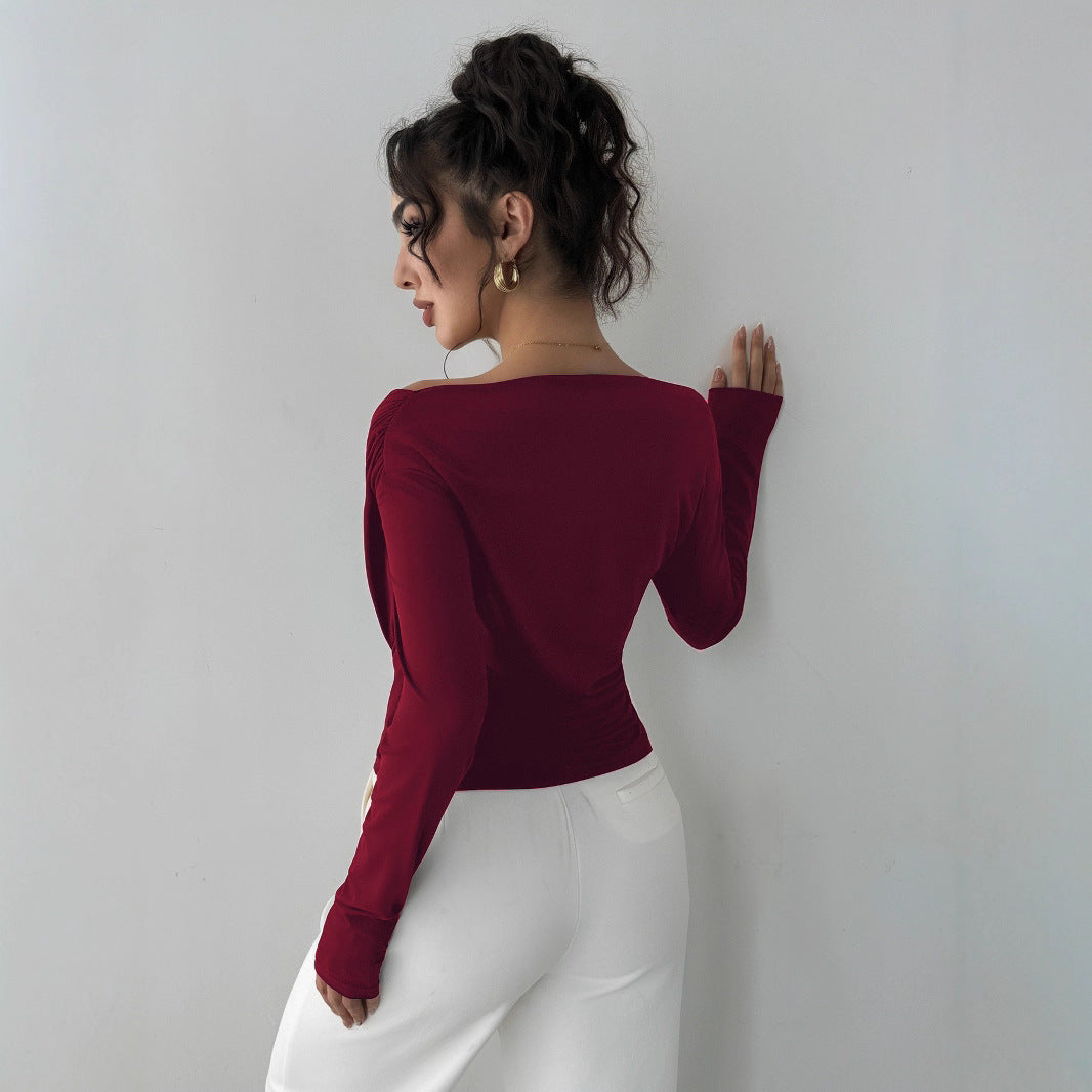 Shoulder-Baring Fitted Long Sleeve Office Top