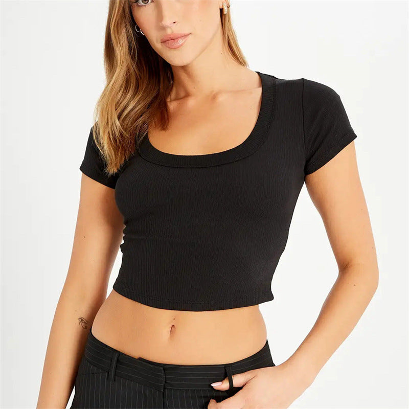Women's T-Shirt Cotton Rib Cropped Short Sleeve Slim Fit Slimming