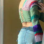Women's Knitted Sweater Square Collar Color Striped Color Matching Handmade Crochet Long Sleeve Top
