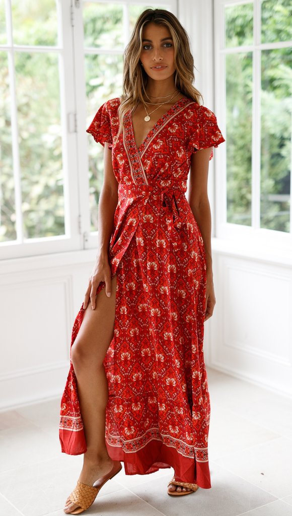Floral V-Neck Ruffled Wrap Vacation Maxi Dress