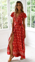 Floral V-Neck Ruffled Wrap Vacation Maxi Dress