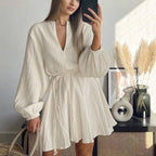 Cotton Breathable Chambray White A Line Round Neck Long Sleeve
