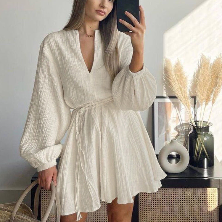 Cotton Breathable Chambray White A Line Round Neck Long Sleeve
