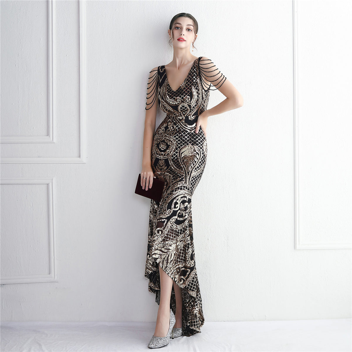 Women's Large Swing Dress Beaded Elegant Long Fishtail Sequin