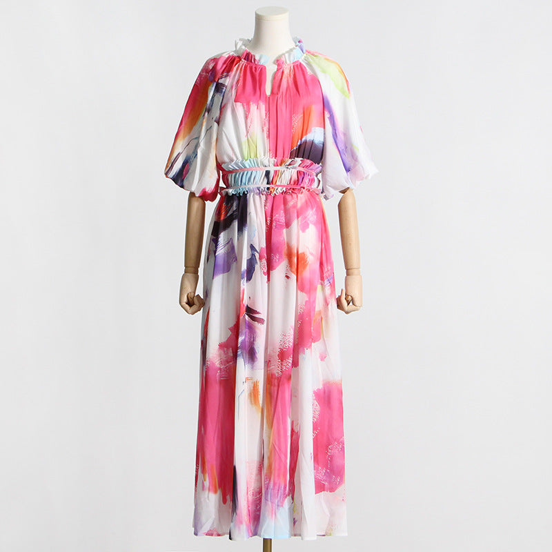 Women's Puff-Sleeve Ruffle Mesh Maxi Dress
