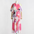 Women's Puff-Sleeve Ruffle Mesh Maxi Dress