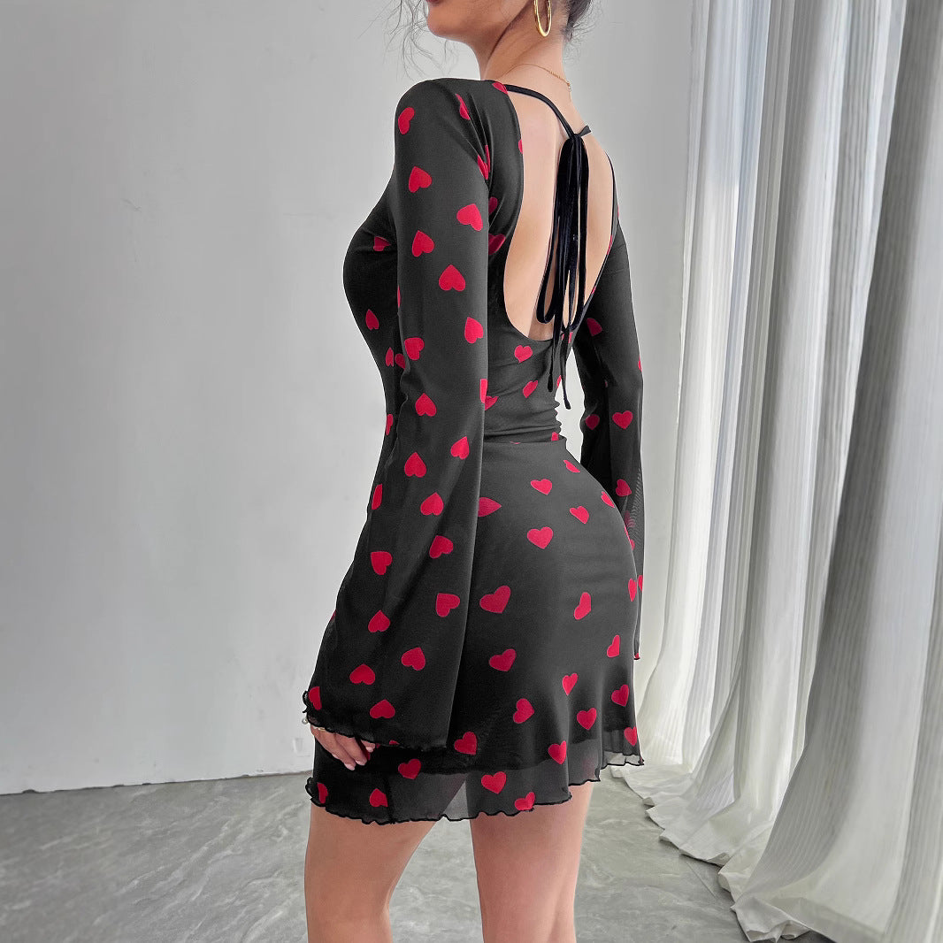 Heart-Print Bell-Sleeve Mesh Dress
