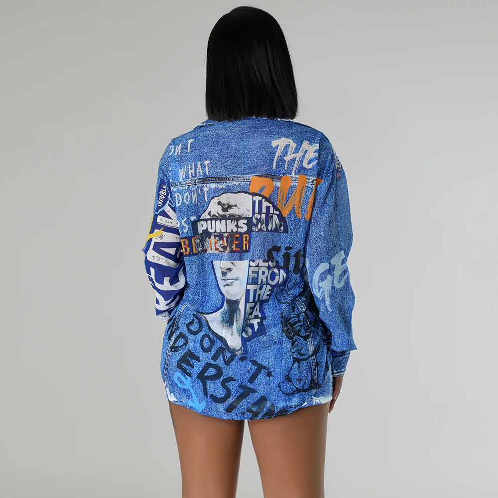 Women's Printed Two Piece Set Long Sleeve Shirt Top Shorts For Women's
