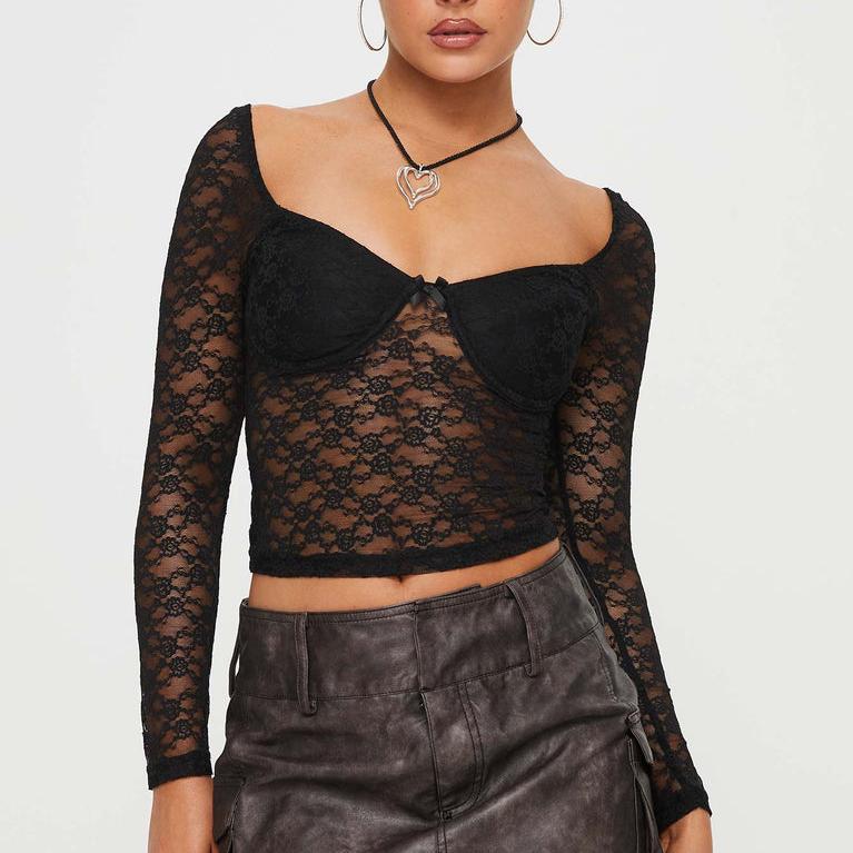 Women’s Black Sheer Lace V Neck Crop Top