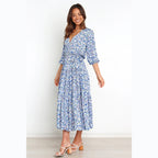 Women's Floral Mid-Sleeve V neck Dress
