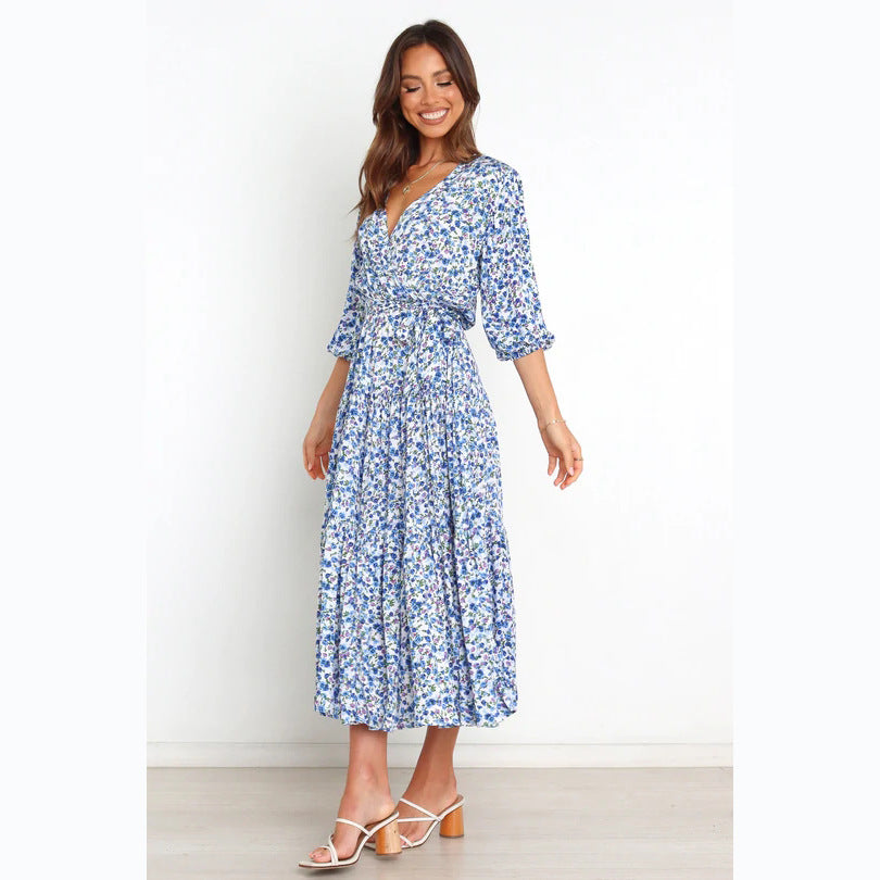 Women's Floral Mid-Sleeve V neck Dress