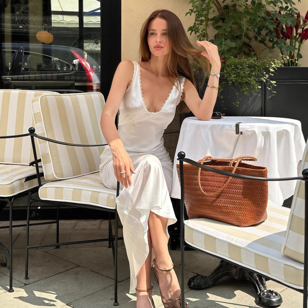 Women's White Satin V-Neck Ruched Midi Dress