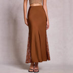 Women's Satin A-Line Skirt with Lace Trim