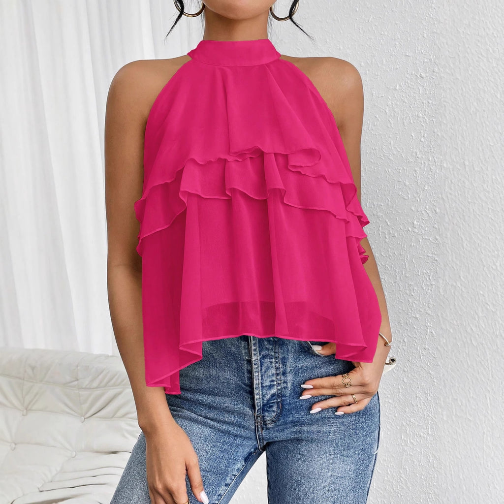 Fashionable Temperamental All Match Solid Color Halter Sleeveless Irregular Asymmetric Ruffle Top