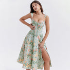 's Boning Corset Cami Dress Backless Slit Midi Floral Dress